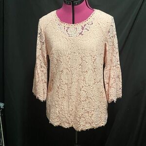 EUC QVC Isaac Mizrahi Lined pink lace three-quarter sleeve Boho Tunic Blouse M